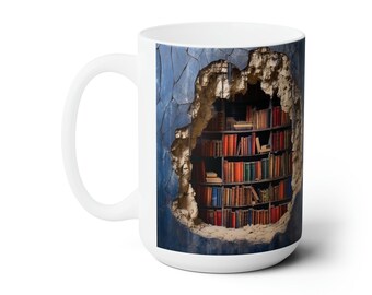 May include: White ceramic mug with a colorful image of a bookshelf inside a hole in a blue wall. The bookshelf is filled with books.