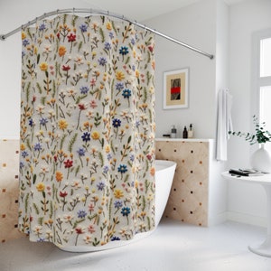 Boho Wildflower Shower Curtain: Cottagecore Bathroom Decor (71x74)