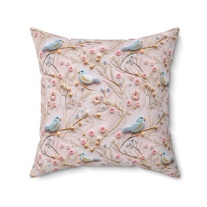 Enchanting 3D Faux Embroidery Birds and Flowers Throw Pillow Artistry Meets Comfort Homes Home Decor New House Couple Gift