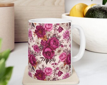 Pink Floral Ceramic Coffee Mug: Bohemian Flower Tea Cup