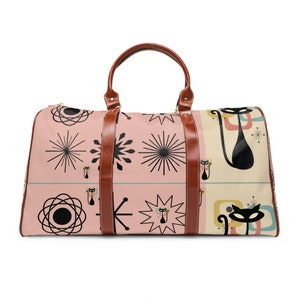 Atomic Cat Waterproof Travel Bag Retro MCM Duffel Bag, Leather, Fabric Carryon Bag, Weekender Bag, Wedding, Bridal Bag for Mom Pink