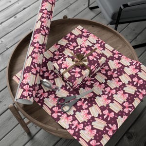 Bookish Wrapping Paper: Pink Bows, Books, Coffee Theme