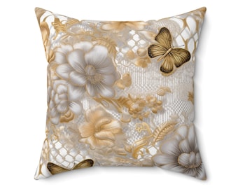 Butterfly Embroidery Illusion Pillow: Golden Floral Accent