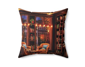 Cozy Reading Nook Books Library Coffee Pillow Spun Polyester Square Pillow Office