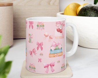 Vintage Coquette Mug: Pink Bows, Books & Cherries - Girly Gift