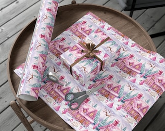 Pink Gingerbread House Wrapping Paper | Whimsical Christmas Gift Wrap