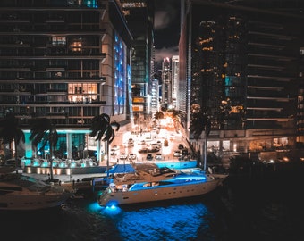 Aerial Drone Shot of Miami River at Night