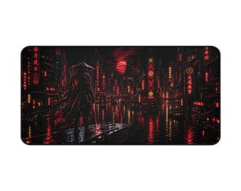 Drowned City Cyber-Ronin Desk Mat | Void & Co. Neon Samurai Gaming Mat