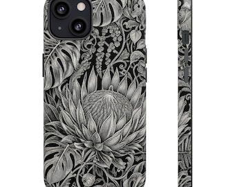 Botanical Phone Case Dark Floral White Ink Line Art - Tough Case iPhone 13 14 15 16