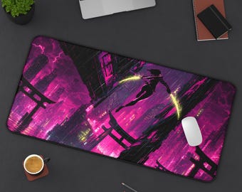 Neon Freefall Desk Mat | Void & Co. Cyber Kunoichi Gaming Mat
