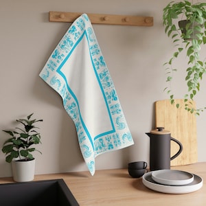 Vintage stijl Pyrex Amish / Butterprint patroon beïnvloed ontwerp in blauwe keukenhanddoek | Theedoek | Keukendoek | Droogdoek