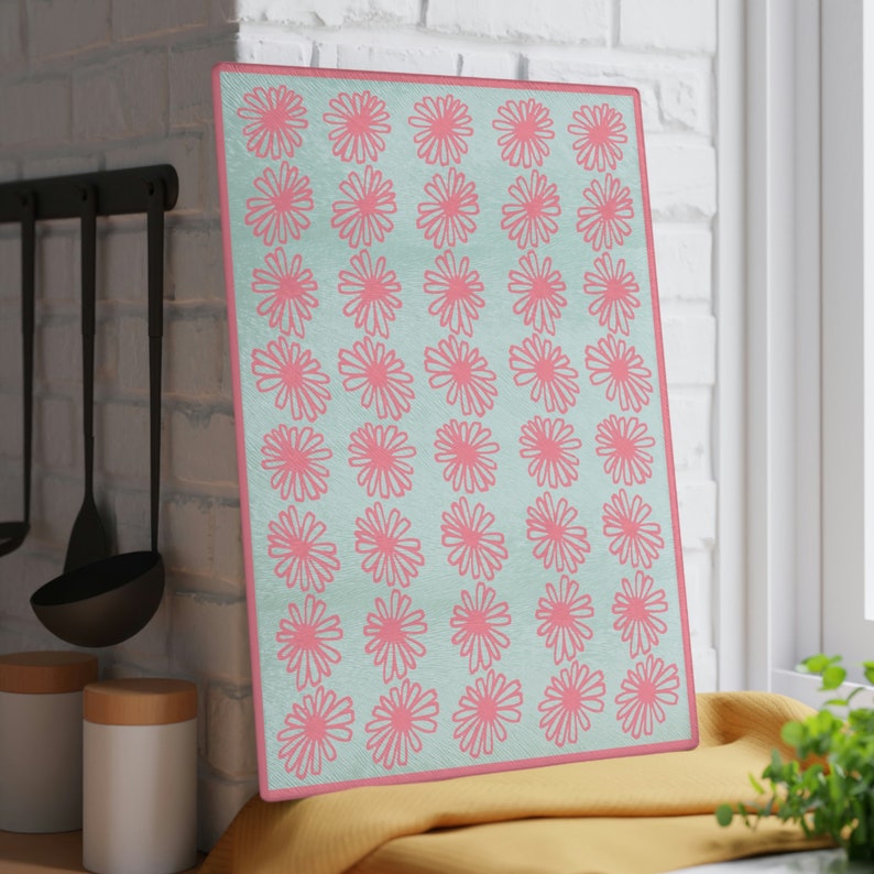 Vintage Pyrex Pink Daisy Pattern Influenced Design Vintage Style Tempered Glass Kitchen Work Top Saver, Cutting Board, Chopping Board image 6