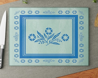 Corningware Blue Cornflower Beeinflusstes Design Vintage Style gehärtetes Glas Küchenarbeit Top Schoner, Schneidebrett, Schneidebrett 2 x Größen