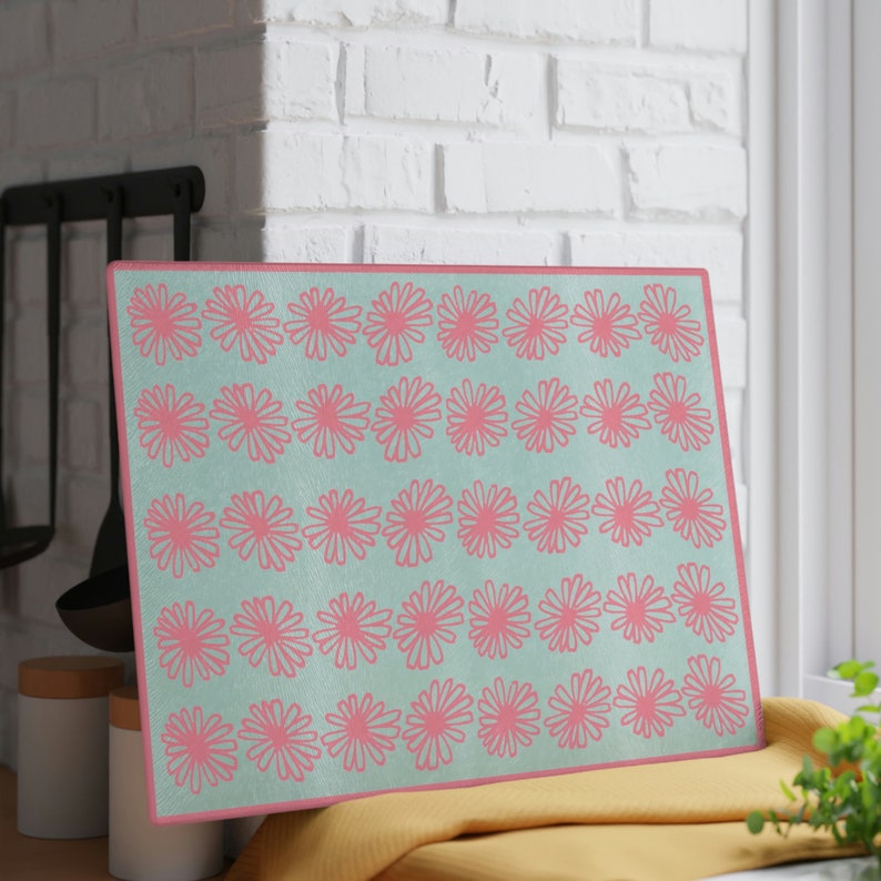 Vintage Pyrex Pink Daisy Pattern Influenced Design Vintage Style Tempered Glass Kitchen Work Top Saver, Cutting Board, Chopping Board image 5