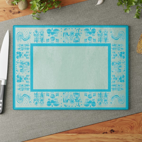 Vintage Pyrex Amish / Butterprint Pattern in Blue Influenced Design Tempered Glass Kitchen Work Top Saver, Cutting Board, Chopping Board