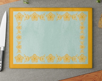 Vintage Pyrex Butterfly Gold Pattern Influenced Design Tempered Glass Kitchen Work Top Saver, Cutting Board, Chopping Board