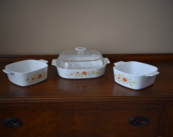 Vintage Corningware / Corning Ware / Corning 4 Piece Wildflower Set Includes 1x A-10-B with LId & 2x A-1.5-B Casserole / Baking Dishes