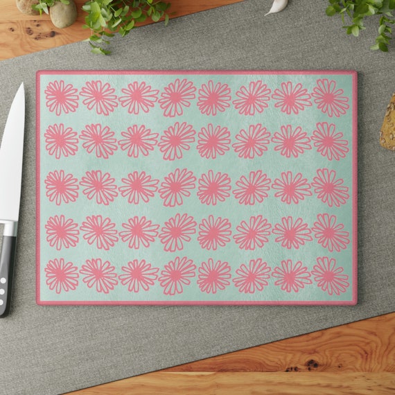 Vintage Pyrex Pink Daisy Pattern Influenced Design Vintage Style Tempered Glass Kitchen Work Top Saver, Cutting Board, Chopping Board