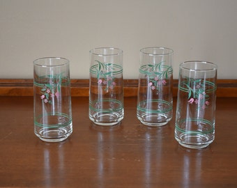 Set of 4 Vintage Corning / Corningware / Corning Ware Rosemarie Pink Tulip Pattern Glass Tumblers / Glasses