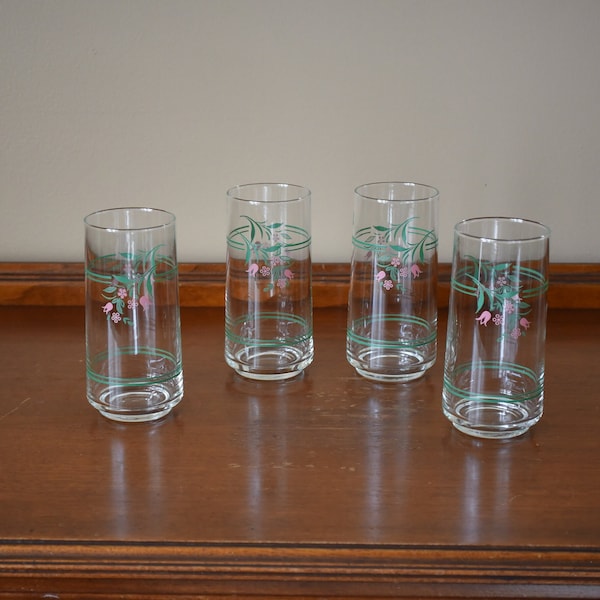 Set of 4 Vintage Corning / Corningware / Corning Ware Rosemarie Pink Tulip Pattern Glass Tumblers / Glasses