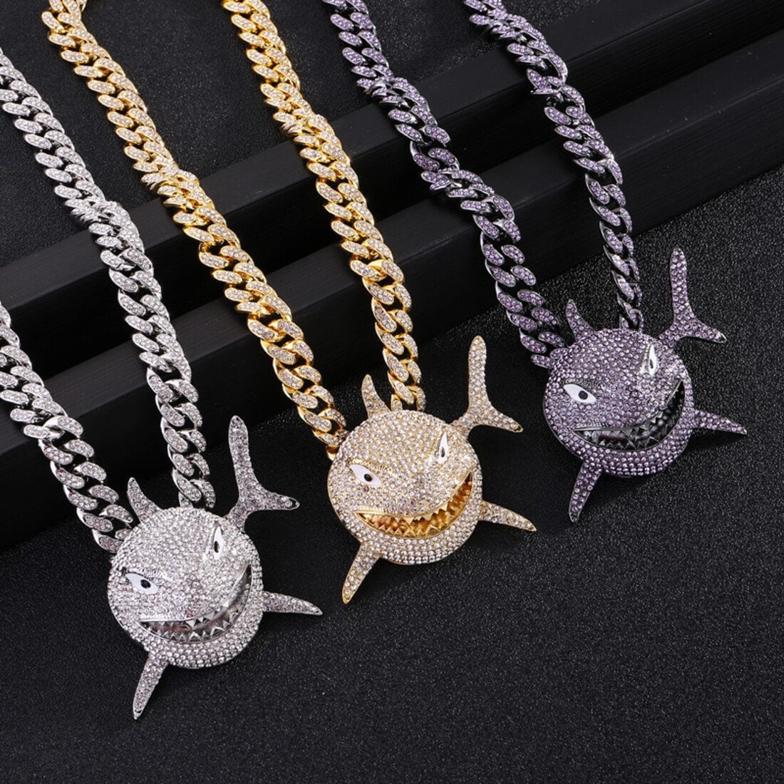 Silver Gold 6ix9ine Iced Large Shark Pendant With Iced Cuban Chain