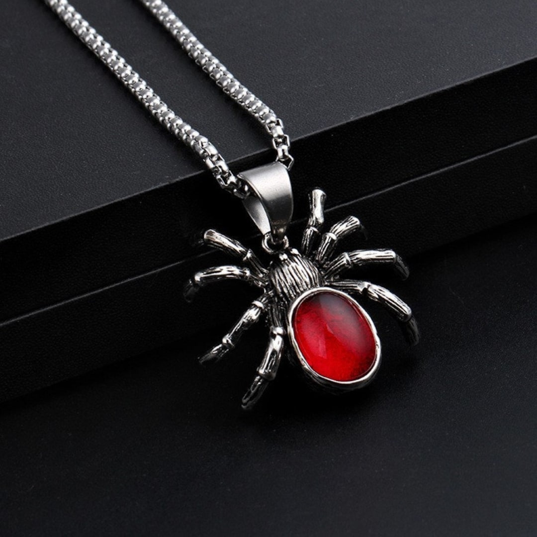 Spider Pendant Necklace, Red Crystal Spider Necklace, Halloween
