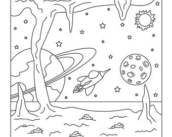 May include: A black and white line drawing of a rocket flying through space. The rocket is flying past a planet with rings and a moon. There are stars in the background and a sun in the top right corner. The rocket is flying over a body of water with waves and rocks.