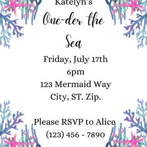 One-der The Sea Birthday, Ocean Birthday, Mermaid Party, Under The Sea Party, Birthday Party Invitation, Digital Birthday Invitation