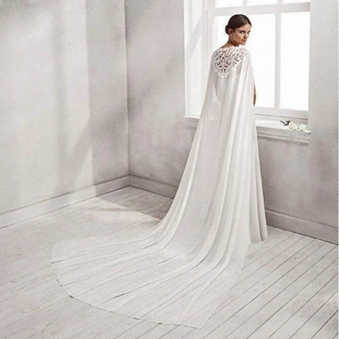 Bride White Chiffon Cloak With Train Wedding White Long - Etsy Australia