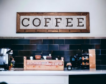 COFFEE MUG DISPLAY | Hanging Cafe Decor | Coffee Wall Sign | 6 Cup Storage