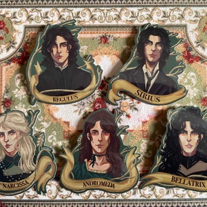 May include: Five illustrated stickers featuring portraits of characters from the Harry Potter series. Each sticker has a green background with gold accents and a banner with the character's name. The characters are: Regulus, Sirius, Narcissa, Andromeda, and Bellatrix.