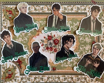 May include: Set of 8 illustrated stickers featuring characters from the Harry Potter universe. Each sticker features a different character with their name written in a green, gothic font. The characters include Draco Malfoy, Tom Riddle, Theodore Nott, Lorenzo Berkshire, Blaise Zabini, Regulus Black, and two versions of Tom Riddle.