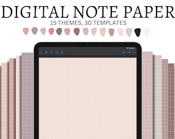 Pode incluir: Um modelo de papel digital com 15 temas e 30 modelos. A imagem mostra a tela de um tablet que exibe um modelo de papel de notas quadriculado. O tablet é cercado por uma variedade de modelos de papel de notas coloridos.