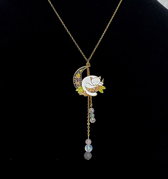 Tabby Cat and Harvest Moon Crystal Necklace Tabby Cat and Harvest Moon Crystal Necklace