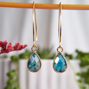 Può includere: Un paio di orecchini pendenti dorati con accenti di pietre preziose blu e bianche a forma di goccia.