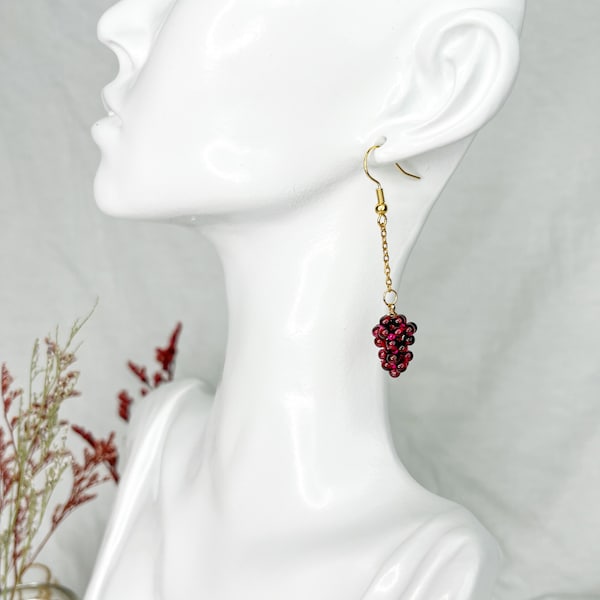 The Vineyard | Garnet Beaded Grape Shaped Earrings with Gold Chain