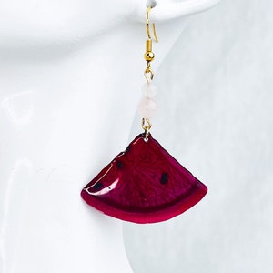 Fiery Dragonfruit Fantasy | Red Dragonfruit Slices Preserved in Resin and Rose Quartz Crystal Earrings
