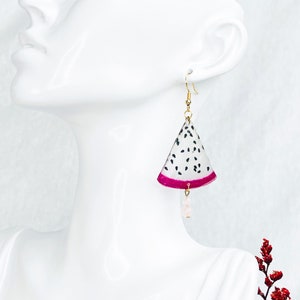 Dragonfruit Fantasy | White Dragonfruit Slices Preserved in Resin and Rose Quartz Crystal Earrings