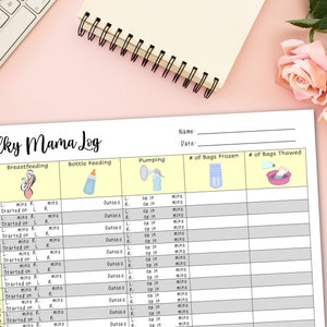 May include: A printable log sheet for tracking breastfeeding, bottle feeding, and pumping. The sheet includes columns for time, left breast minutes, right breast minutes, ounces, left breast, right breast, ounces in, ounces out, and minutes. The sheet also includes columns for the number of bags frozen and the number of bags thawed.