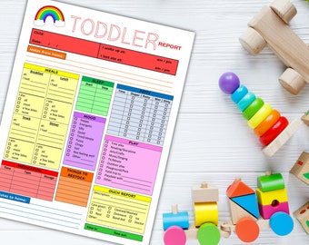 May include: A printable toddler report form with sections for meals, sleep, potty, mood, play, medication, things to restock, and an ouch report. The form is colorful and has a rainbow at the top.