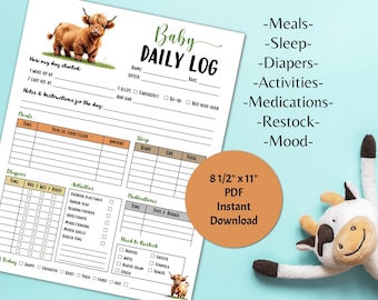 Baby Daily Log, Babysitter Log, Nanny Log, Nanny Babysitter Report, Childcare Notes, Highland Cow Theme, Daily Schedule, Digital PDF File