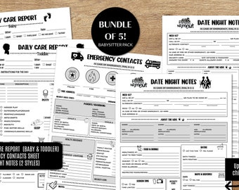 Babysitter Pack, Babysitter Log, Emergency Contact Form, Date Night Instruction, Nanny Notes, Baby or Toddler Daily Report, Digital Download