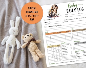 Baby Daily Log, Babysitter Log, Nanny Log, Nanny Babysitter Report, Childcare Notes, Monkey Theme, Daily Schedule, Digital PDF File