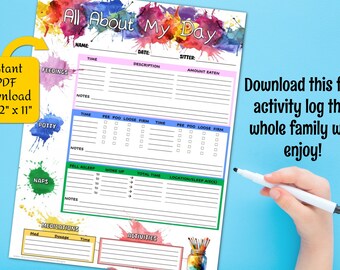 Childcare Report, Toddler Log, Babysitter Log, Nanny Log, Nanny Babysitter Report, Childcare Notes, Paint Splash Design, Daily Schedule, PDF