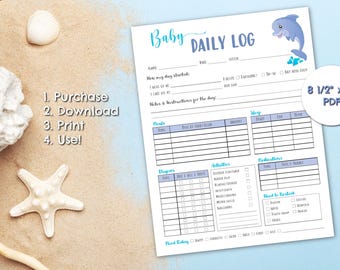Baby Daily Log, Babysitter Log, Nanny Log, Nanny Babysitter Report, Childcare Notes, Beach Dolphin Theme, Daily Schedule, Digital PDF File