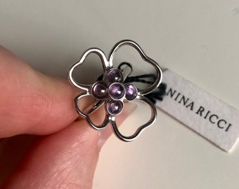 Lindo anel de flor vintage, novo, em prata com pérolas roxas da marca de luxo Nina Ricci, anel de prata Nina Ricci