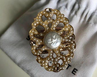 Sublime grande anel dourado vintage com pérola branca falsa da famosa marca francesa Satellite, anel Satellite vintage, presente feminino