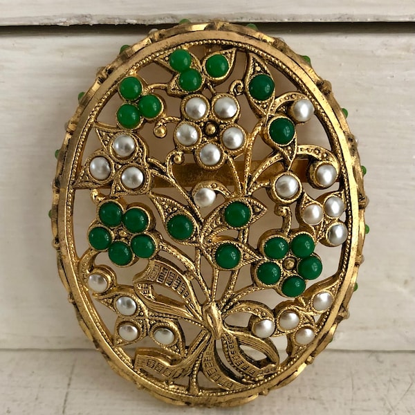 Très grande broche ou pendentif vintage dorée, fleurie avec cabochons blancs et verts, magnifique broche ancienne, cadeau femme