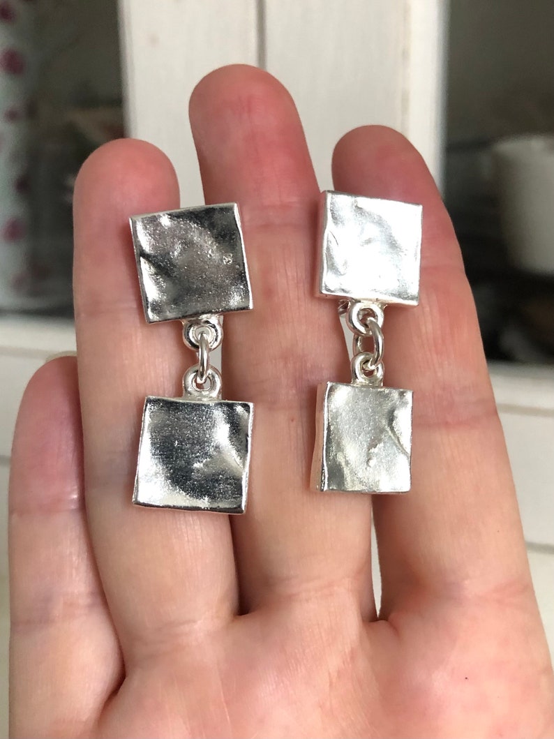 Biche de Bere: square silver and hammered earrings, vintage but new from the famous French designer Nelly Biche de Bere image 1