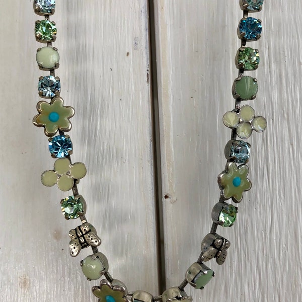 Magnificent vintage Réminiscence necklace in silver, white, blue and green, vintage silver necklace with flowers from the French brand Réminiscence